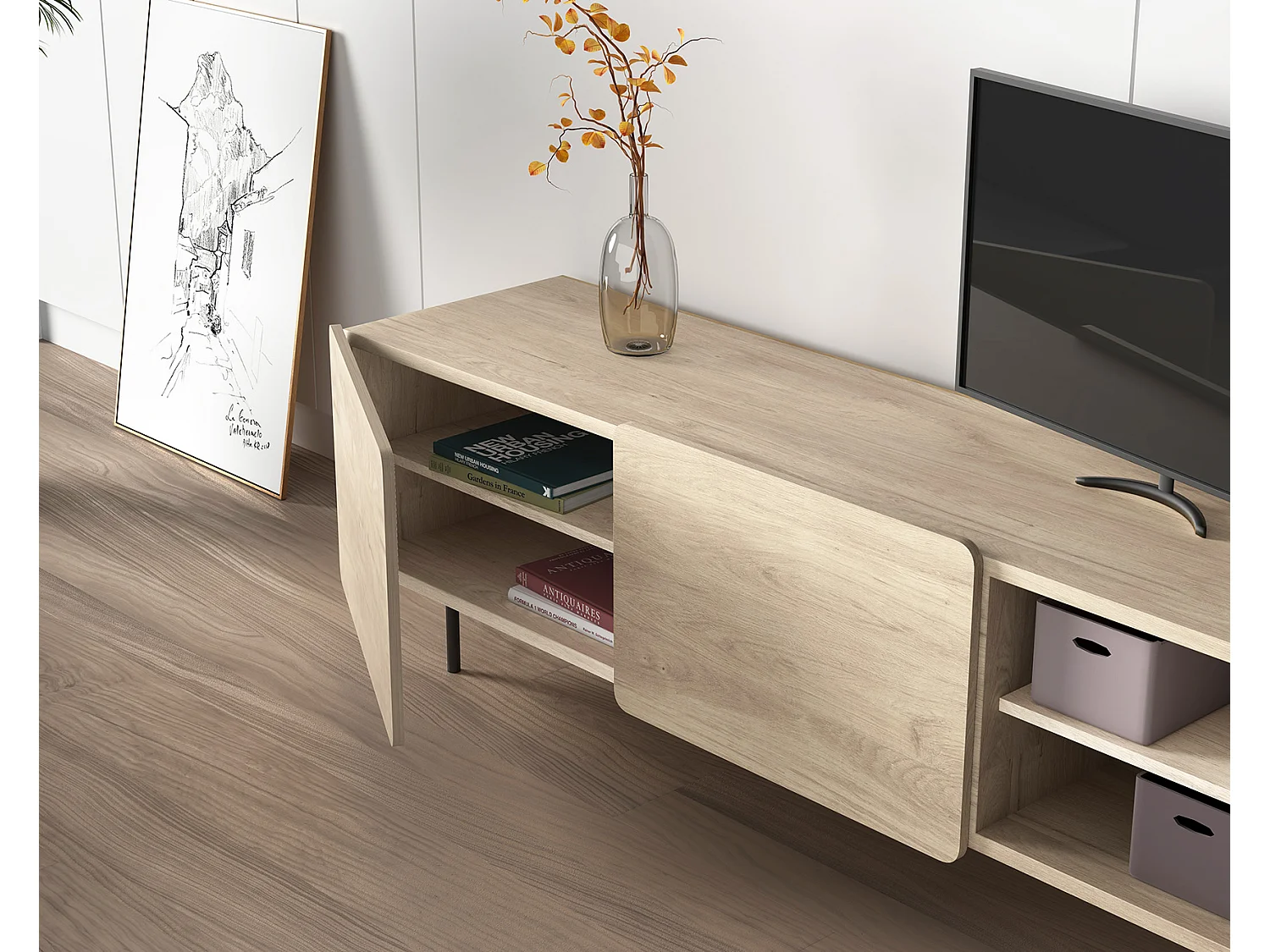 Meuble TV - H54cm x L180cm x L43cm - chêne clair - Printed