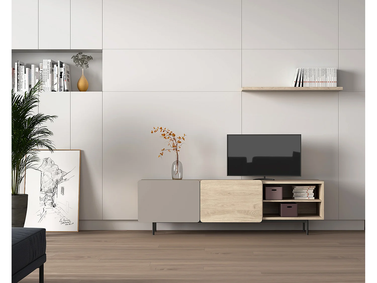 Mueble TV - A54cm x L180cm x F43cm - roble y arena - Printed