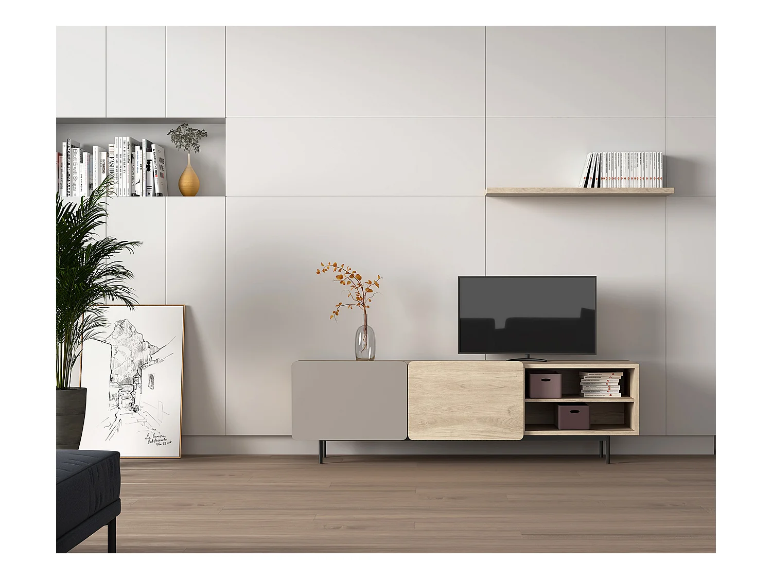 Meuble TV - H54cm x L180cm x L43cm - chêne clair et taupe - Printed