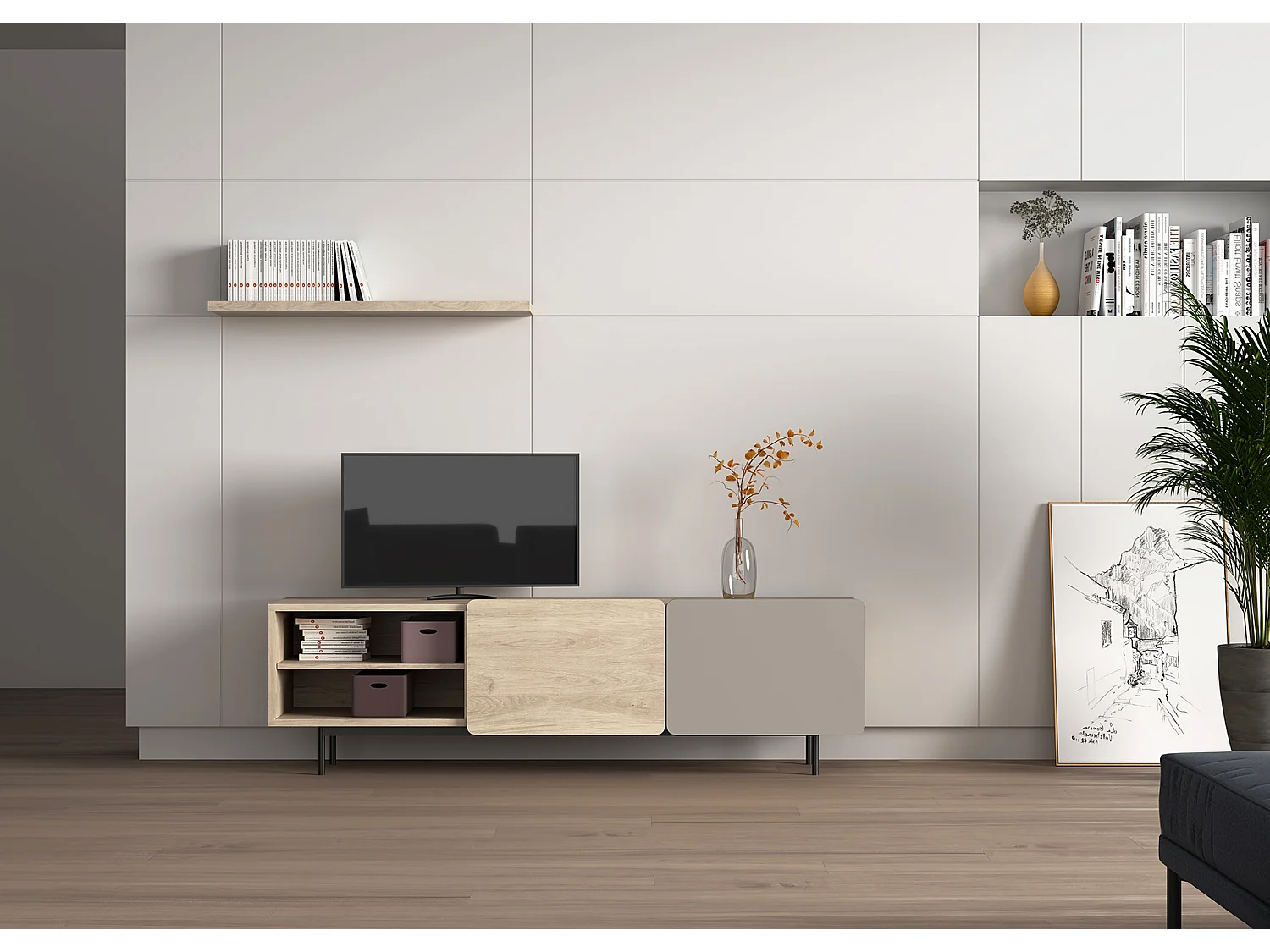 Meuble TV - H54cm x L180cm x L43cm - chêne clair et taupe - Printed