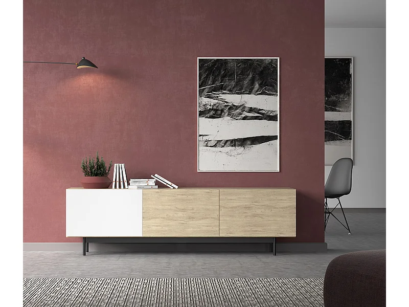 Mueble TV 3 puertas - A52cm x L180cm x F43cm - roble y blanco - Printed