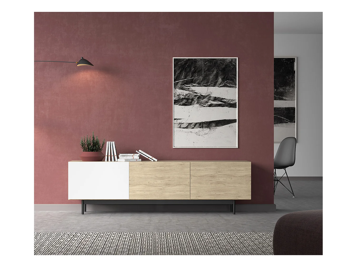 Meuble TV 3 portes - H52cm x L180cm x L43cm - chêne clair et blanc - Printed