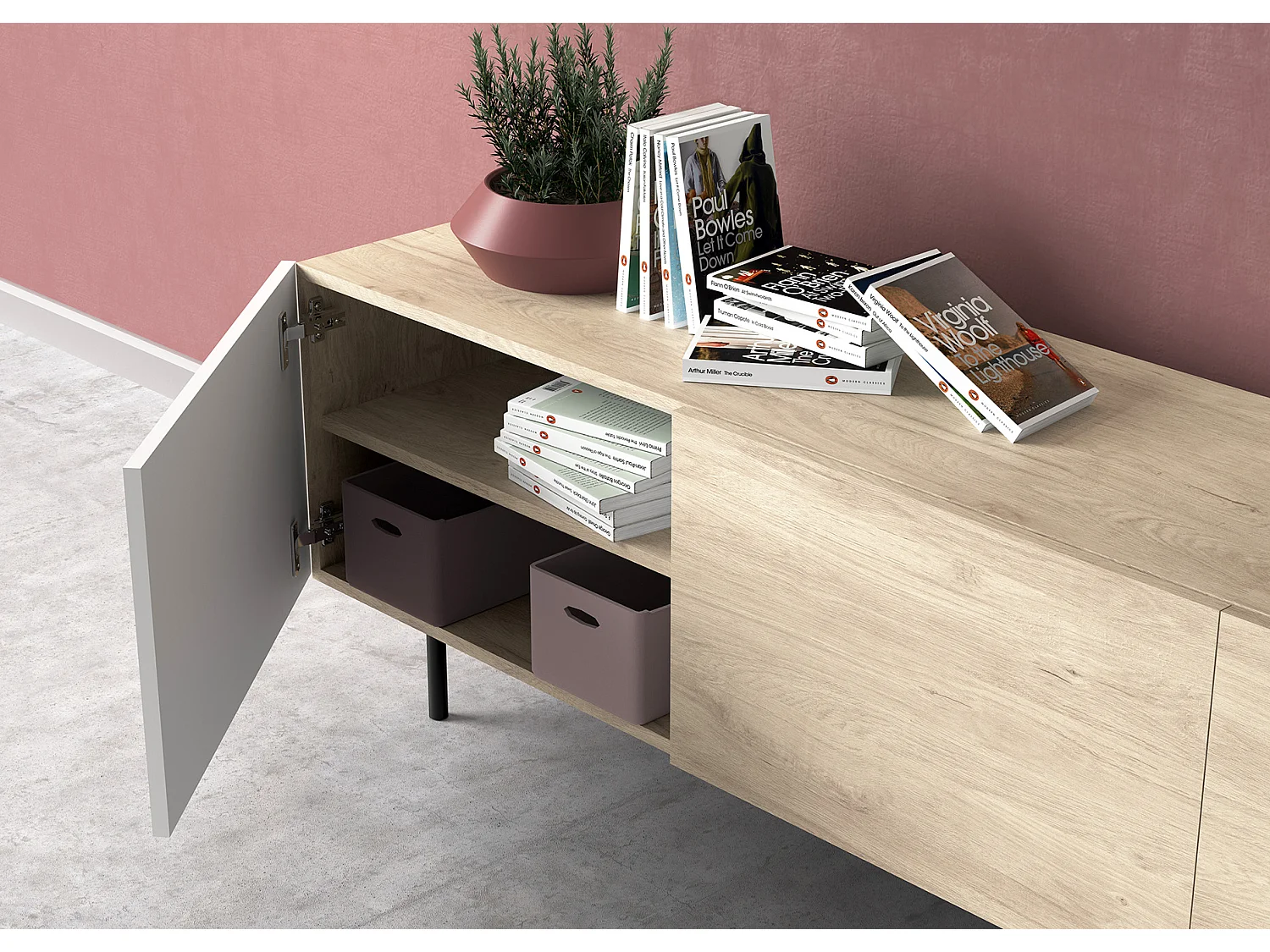 Mueble TV 3 puertas - A52cm x L180cm x F43cm - roble y blanco - Printed