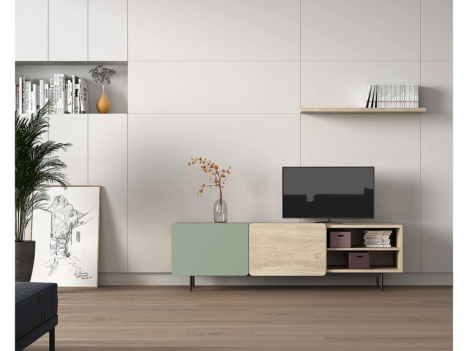 Mueble TV - A54cm x L180cm x F43cm - roble y verde - Printed