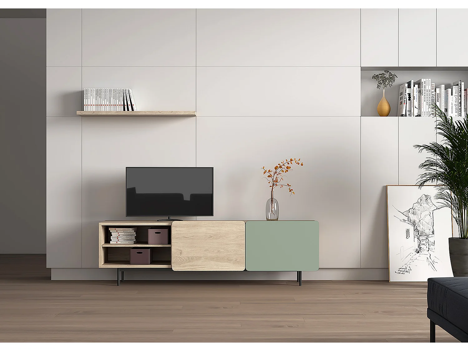 Mueble TV - A54cm x L180cm x F43cm - roble y verde - Printed