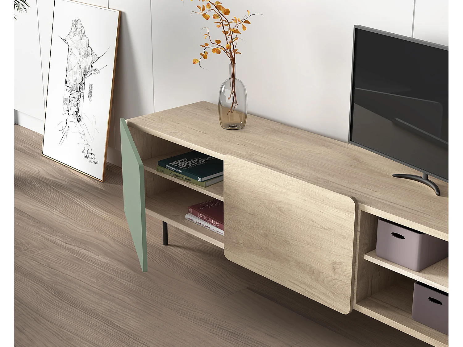 Mueble TV - A54cm x L180cm x F43cm - roble y verde - Printed