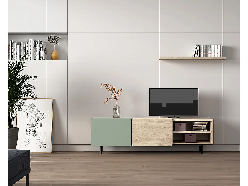 Meuble TV - H54cm x L180cm x L43cm - chêne clair et vert - Printed