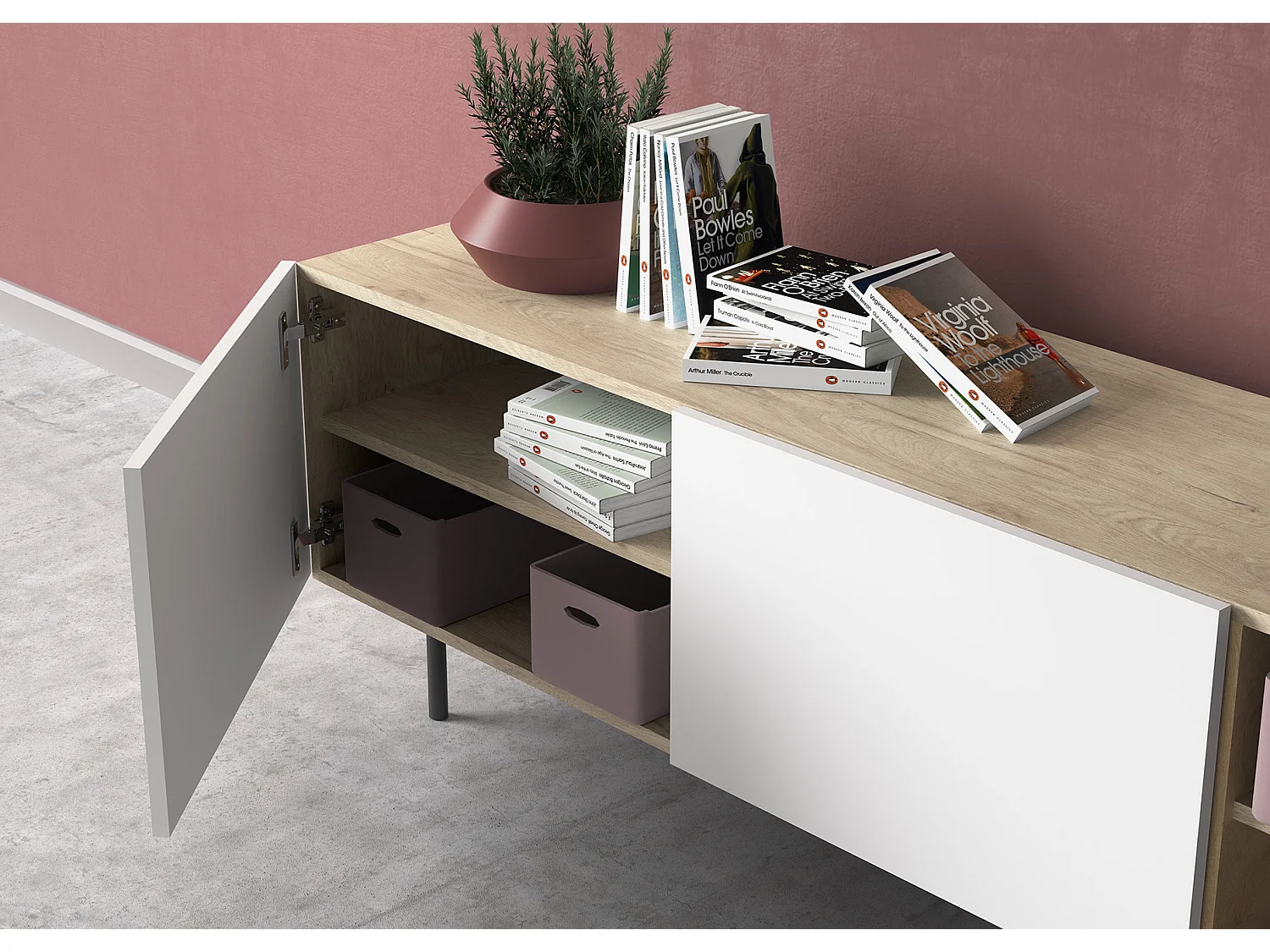 Meuble TV - H52cm x L180cm x L43cm - chêne clair et blanc - Printed