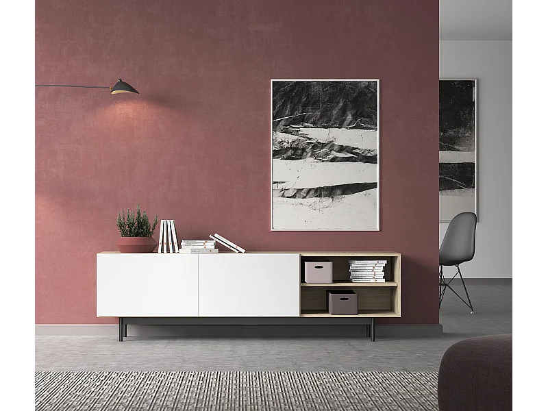 Meuble TV - H52cm x L180cm x L43cm - chêne clair et blanc - Printed