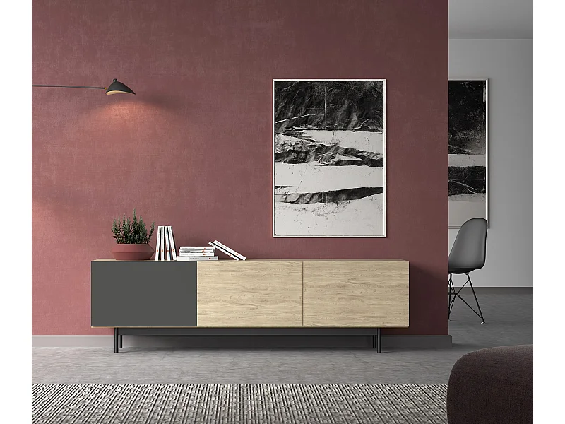 Mueble TV 3 puertas - A52cm x L180cm x F43cm - roble y grafito - Printed