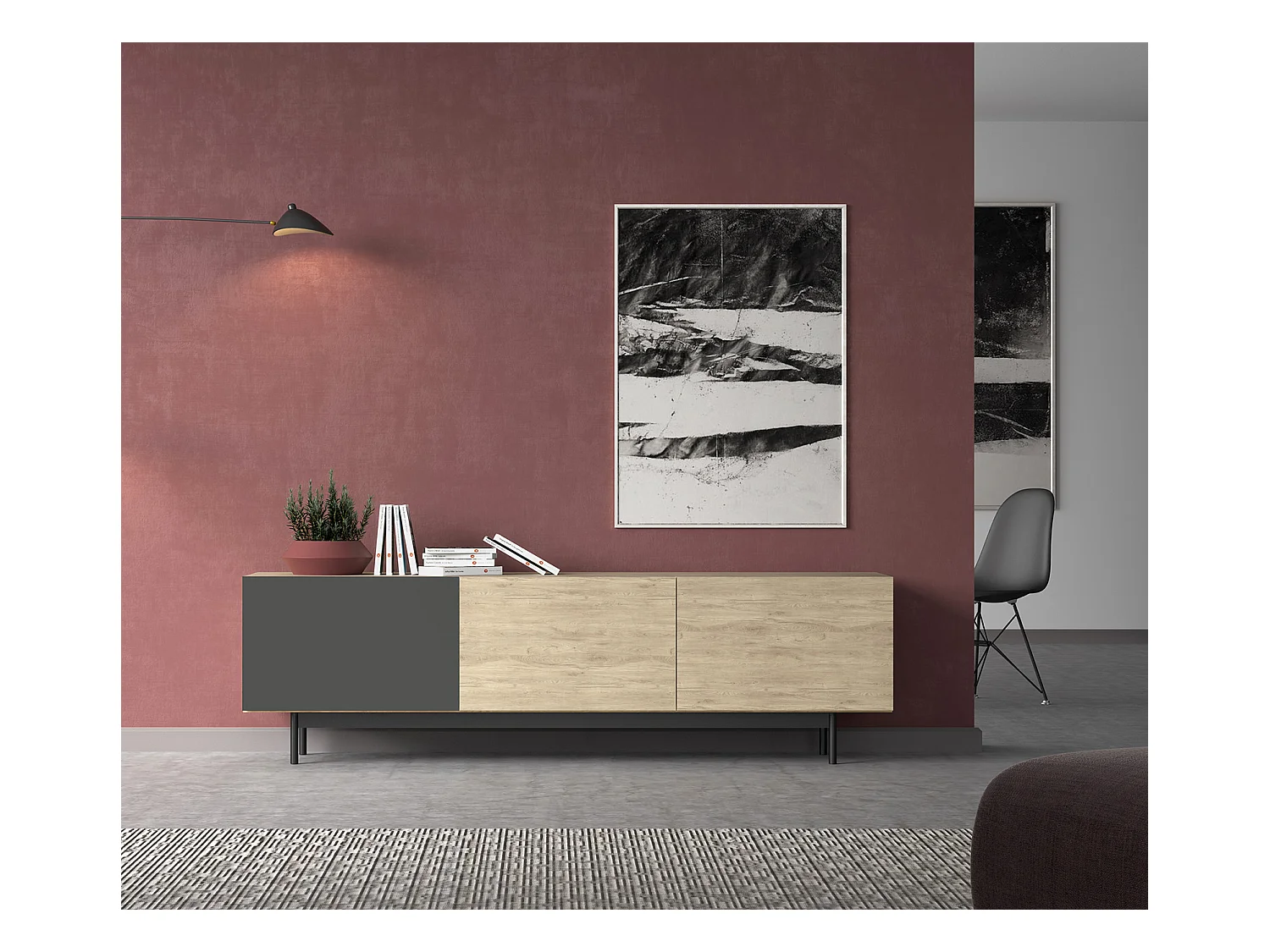Meuble TV 3 portes - H52cm x L180cm x L43cm - chêne clair et graphite - Printed