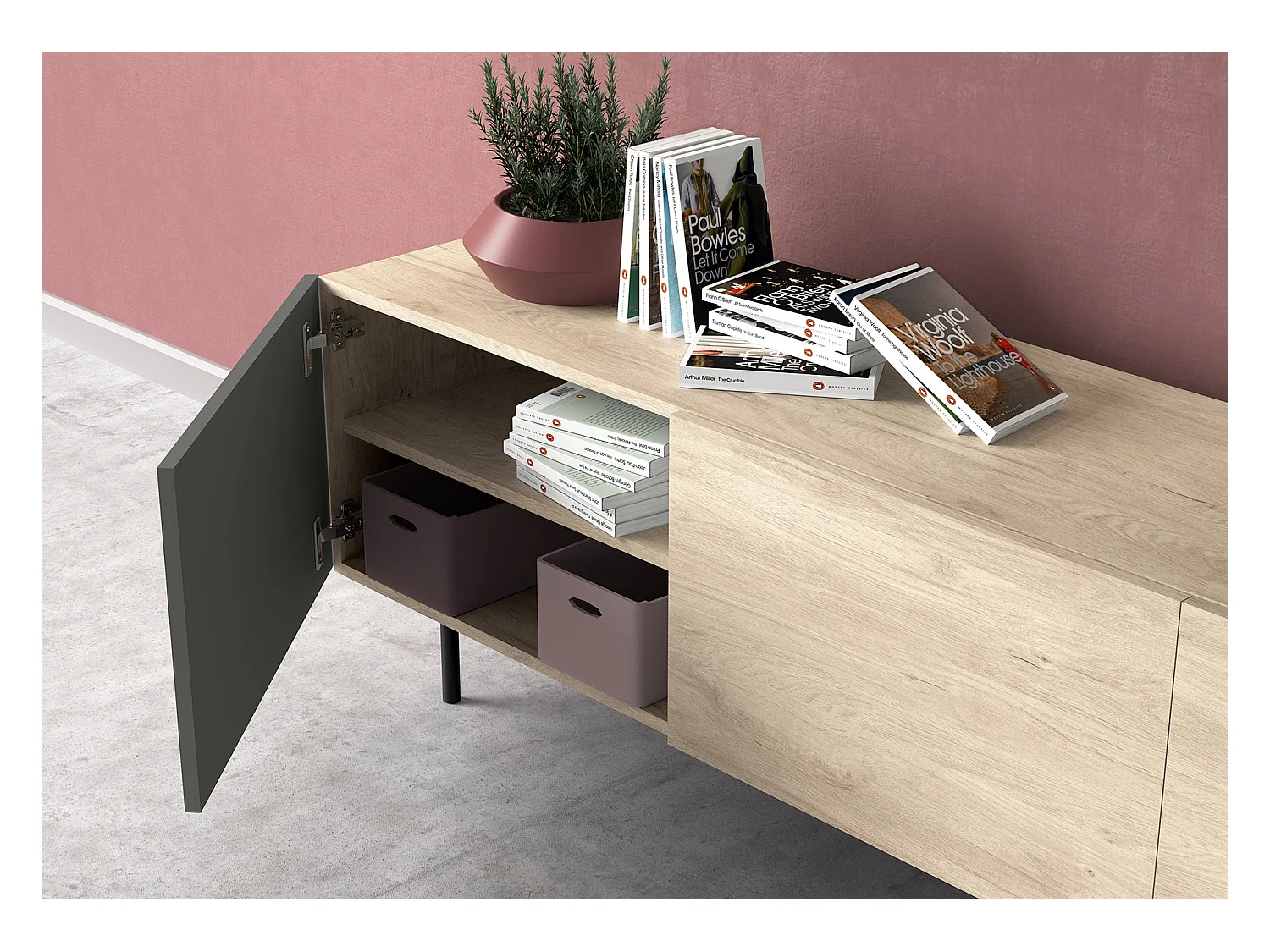 Meuble TV 3 portes - H52cm x L180cm x L43cm - chêne clair et graphite - Printed