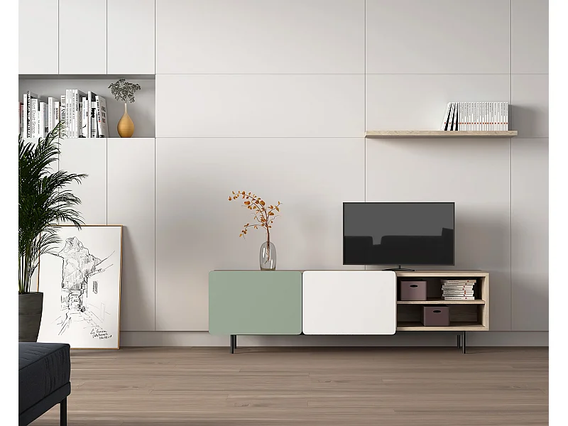 Mueble TV - A54cm x L180cm x F43cm - roble, verde y blanco - Printed