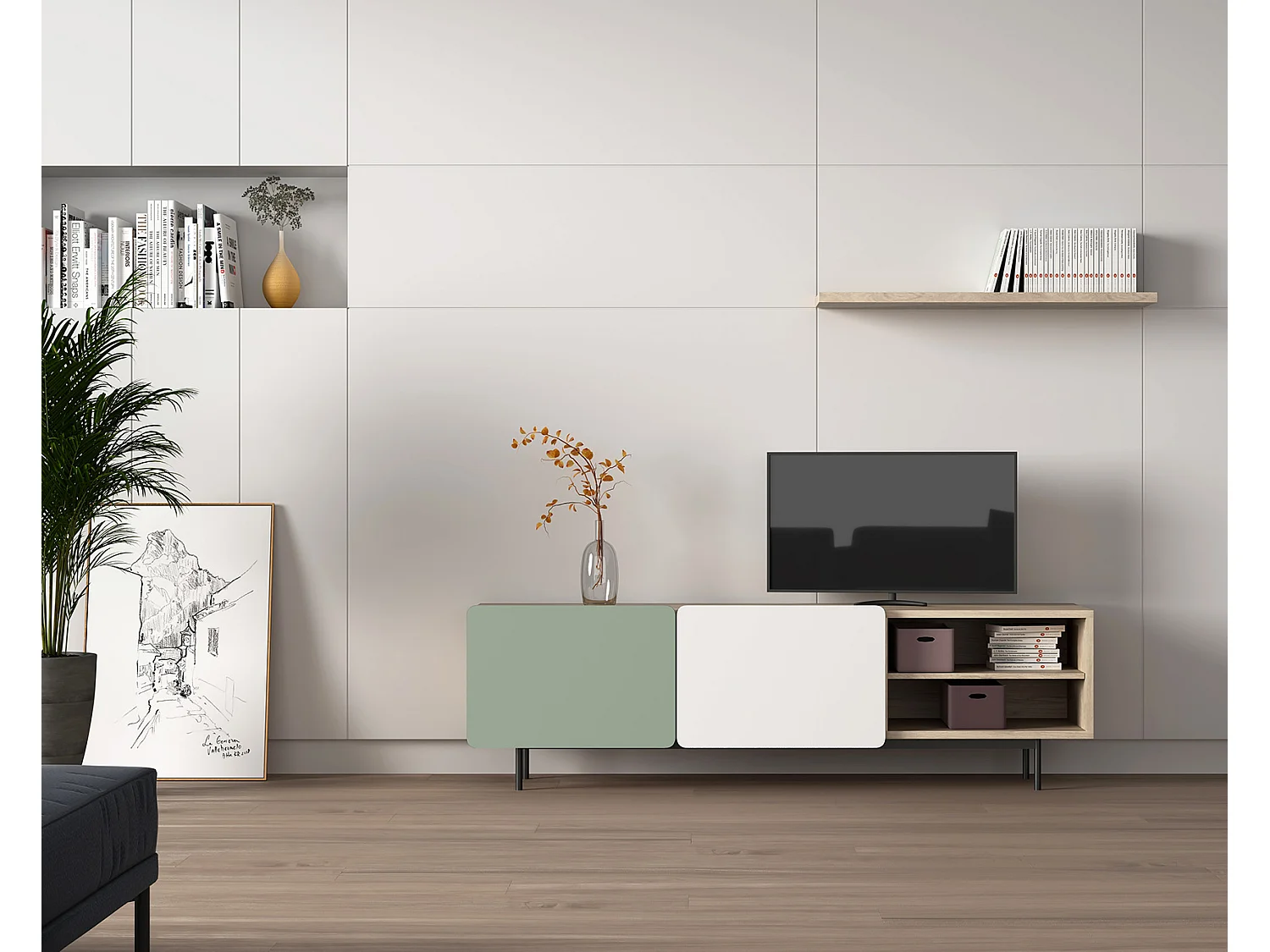 Meuble TV - H54cm x L180cm x L43cm - chêne clair, vert et blanc - Printed