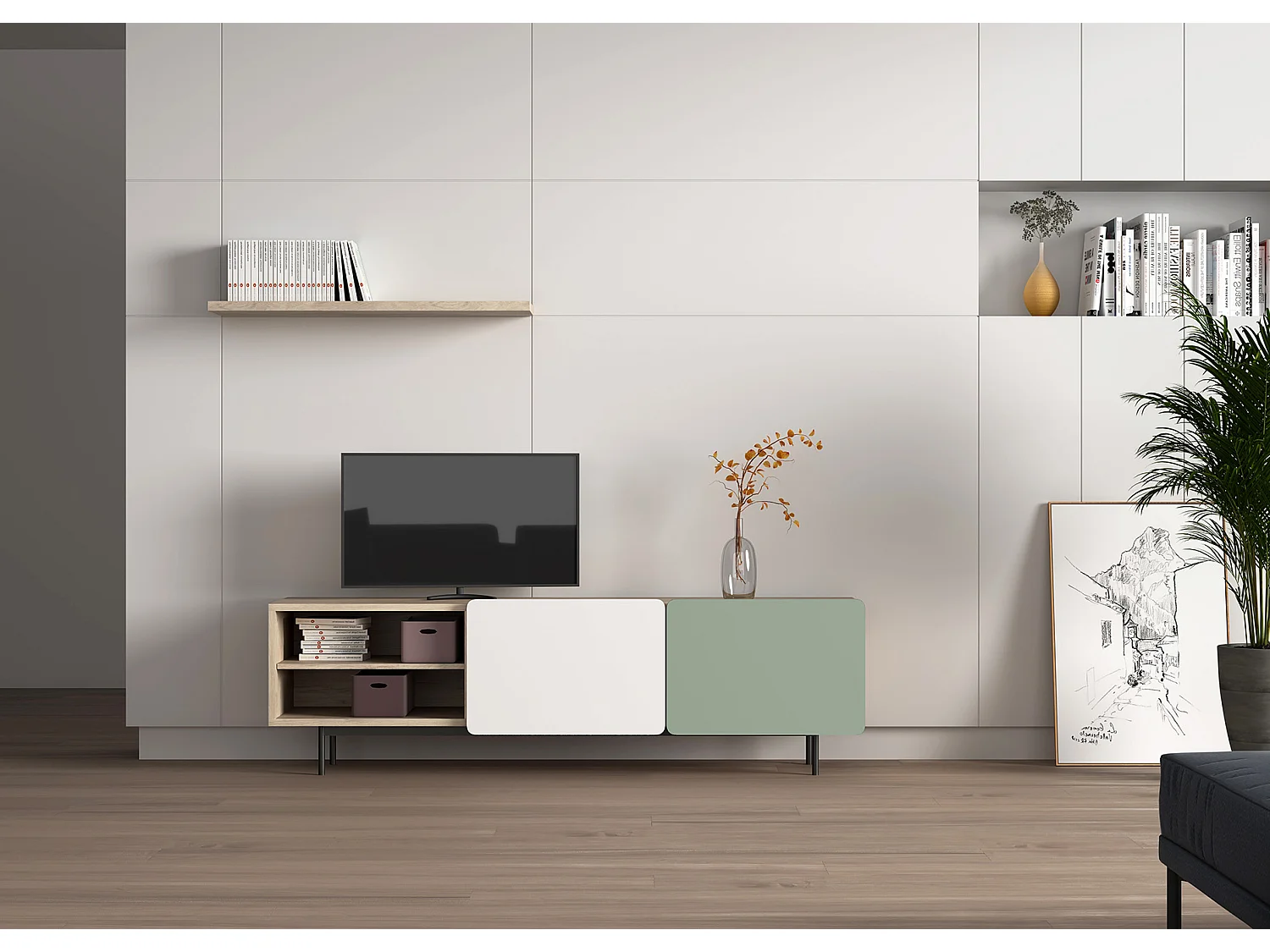 Meuble TV - H54cm x L180cm x L43cm - chêne clair, vert et blanc - Printed