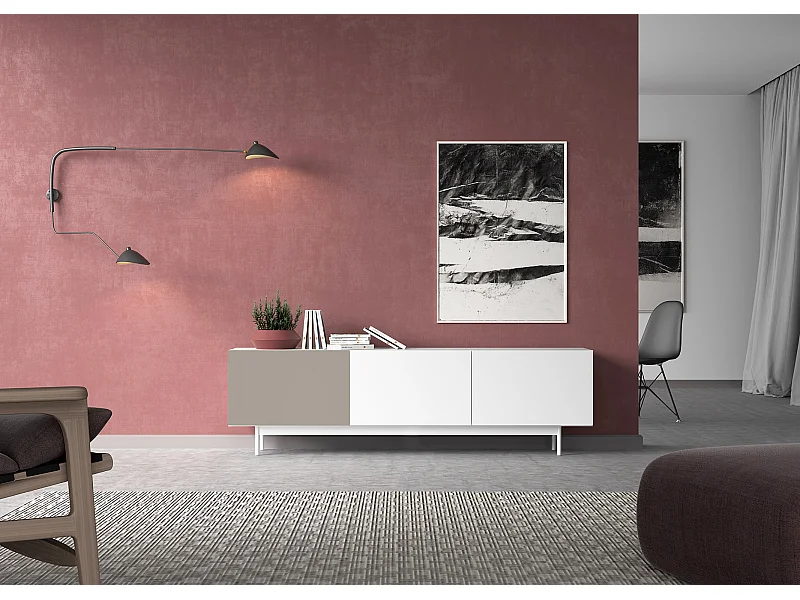 Meuble TV 3 portes - H52cm x L180cm x L43cm - blanc et taupe - Printed