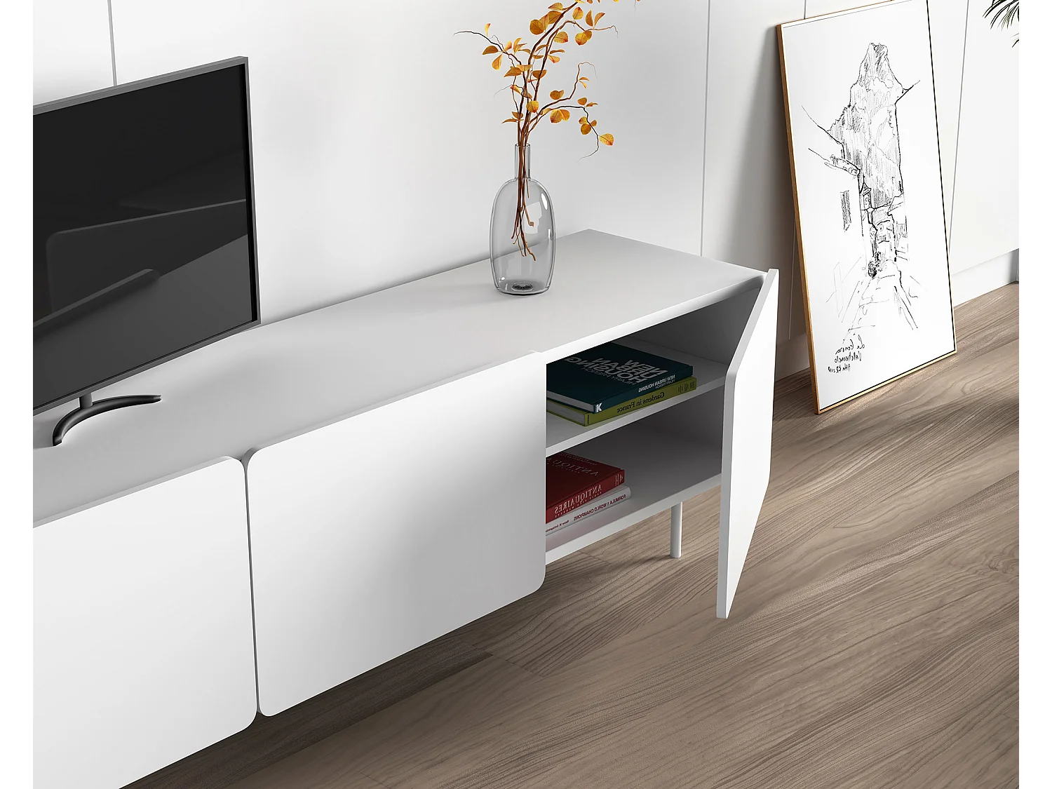 Mueble TV 3 puertas - A54cm x L180cm x F43cm - blanco - Printed