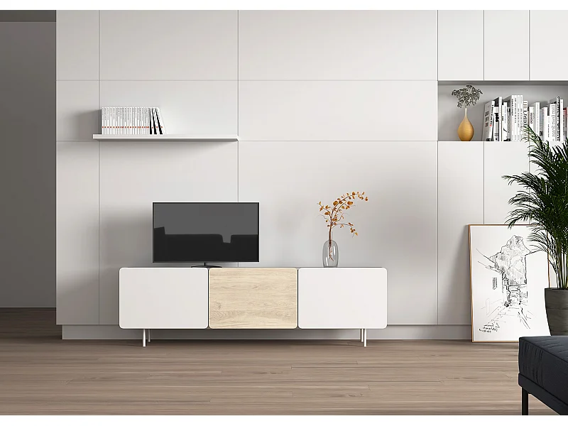 Meuble TV 3 portes - H54cm x L180cm x L43cm - blanc et chêne clair - Printed