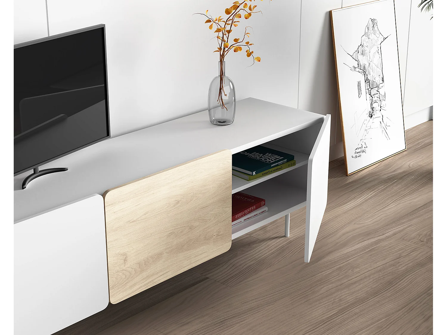 Mueble TV 3 puertas - A54cm x L180cm x F43cm - blanco y roble - Printed