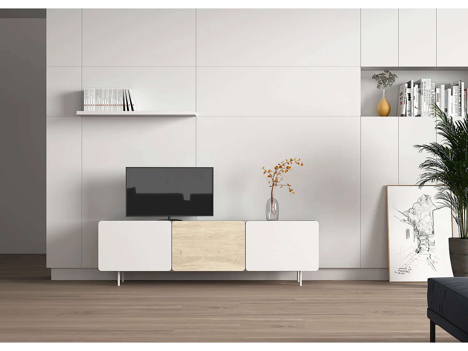 Meuble TV 3 portes - H54cm x L180cm x L43cm - blanc et chêne clair - Printed