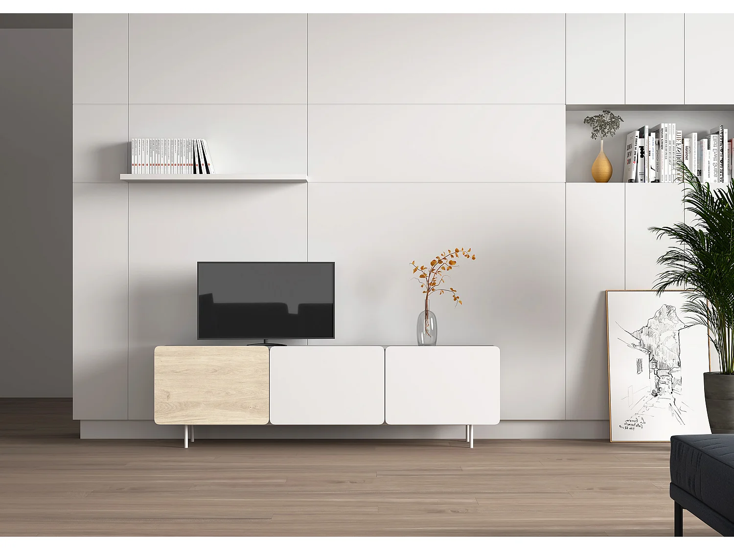 Meuble TV 3 portes - H54cm x L180cm x L43cm - blanc et chêne clair - Printed