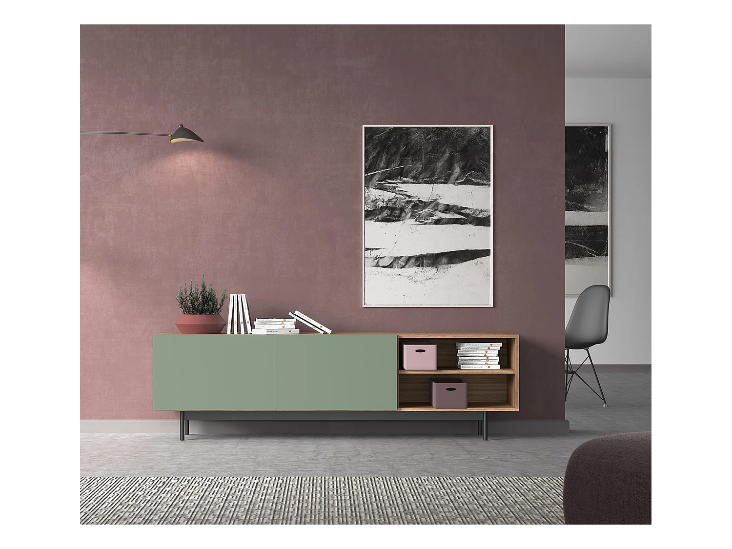 Meuble TV - H52cm x L180cm x L43cm - noyer et vert - Printed