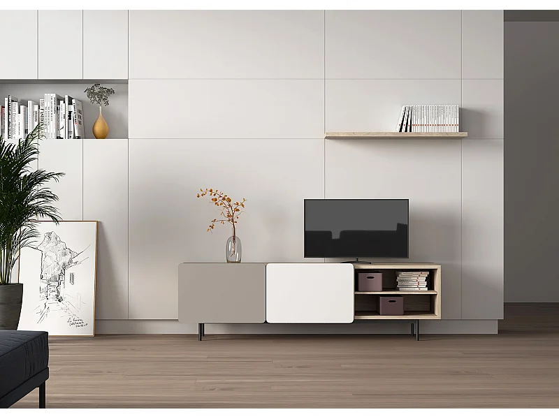 Mueble TV - A54cm x L180cm x F43cm - roble, arena y blanco - Printed