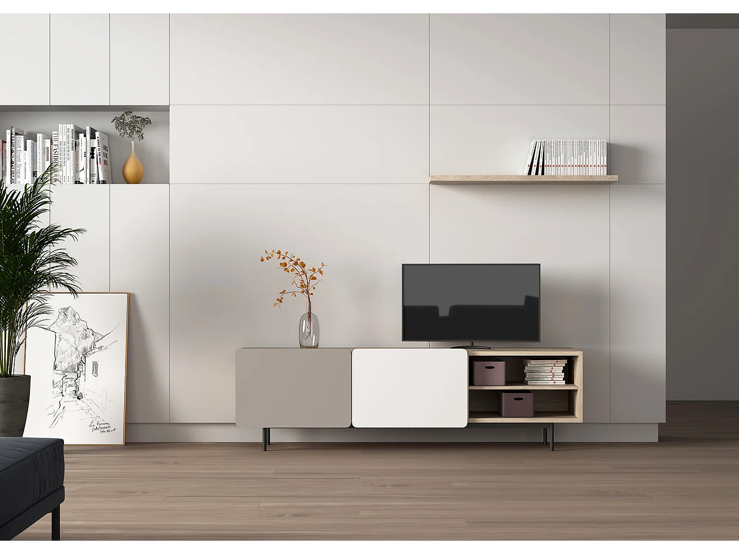 Mueble TV - A54cm x L180cm x F43cm - roble, arena y blanco - Printed