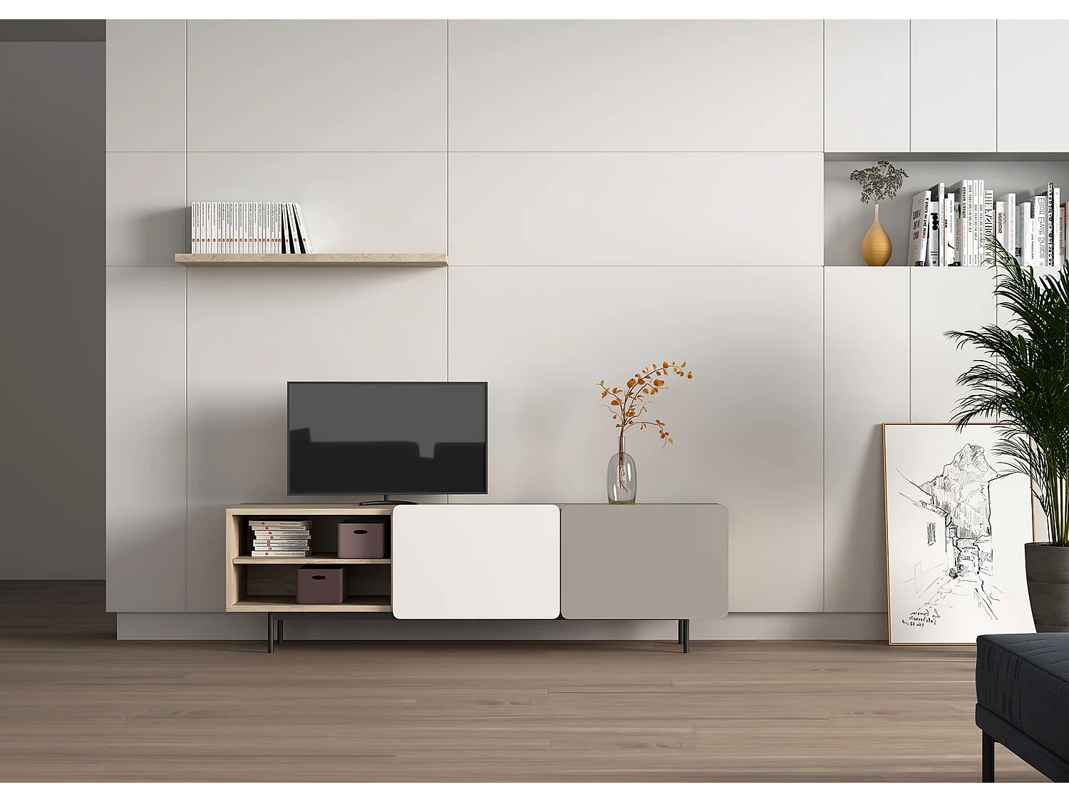 Mueble TV - A54cm x L180cm x F43cm - roble, arena y blanco - Printed