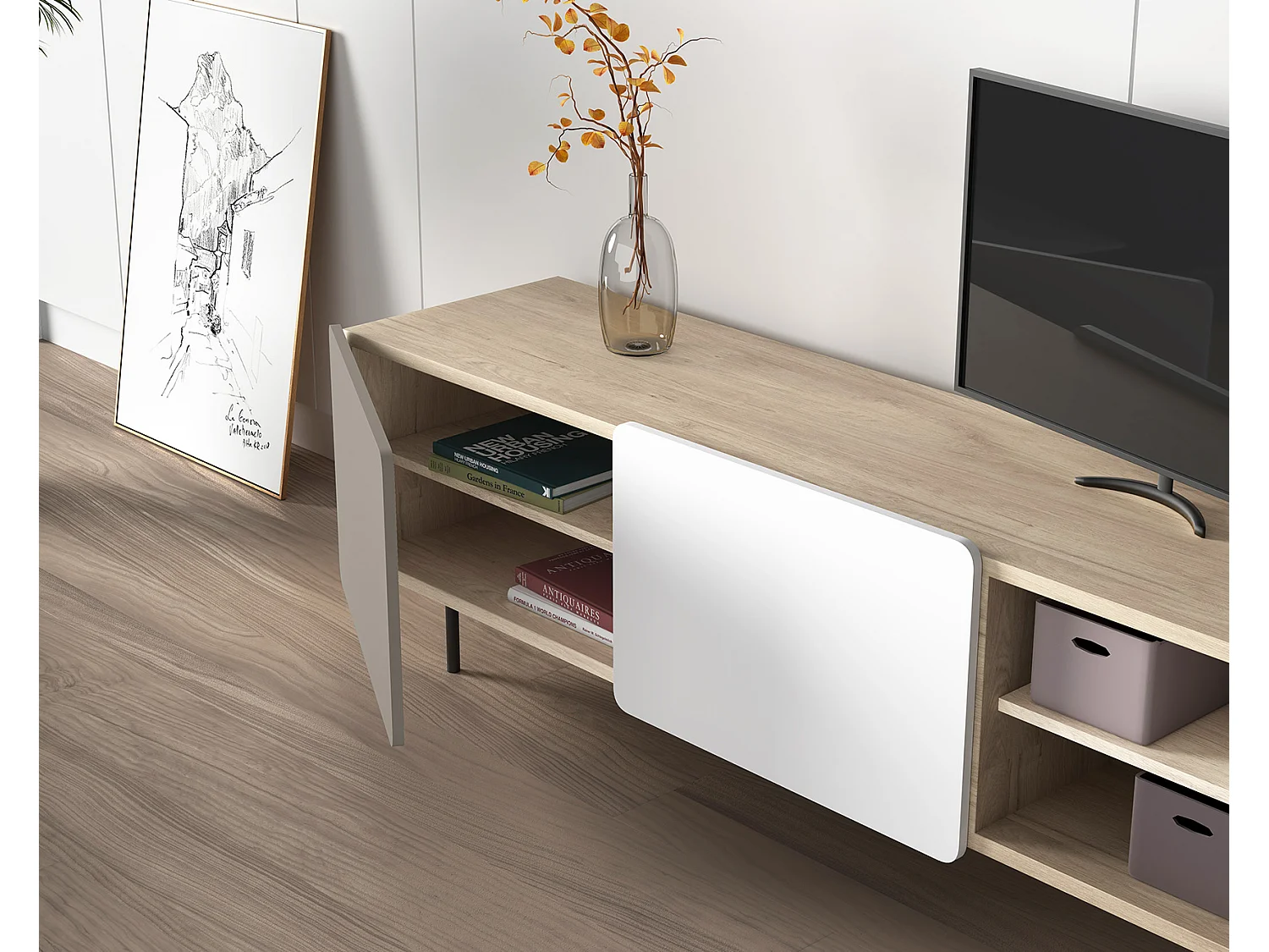 Mueble TV - A54cm x L180cm x F43cm - roble, arena y blanco - Printed