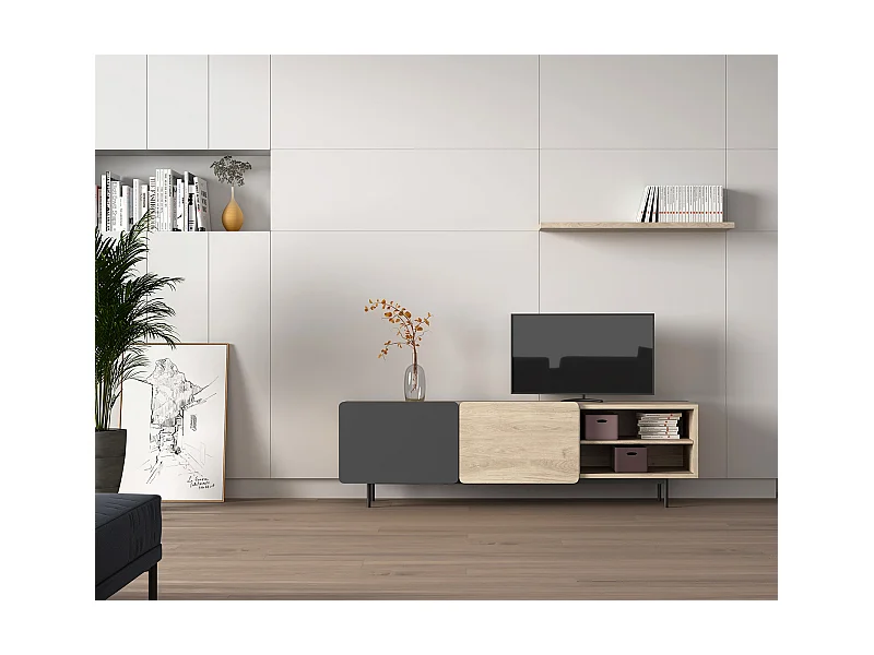 Mueble TV - A54cm x L180cm x F43cm - roble y grafito - Printed