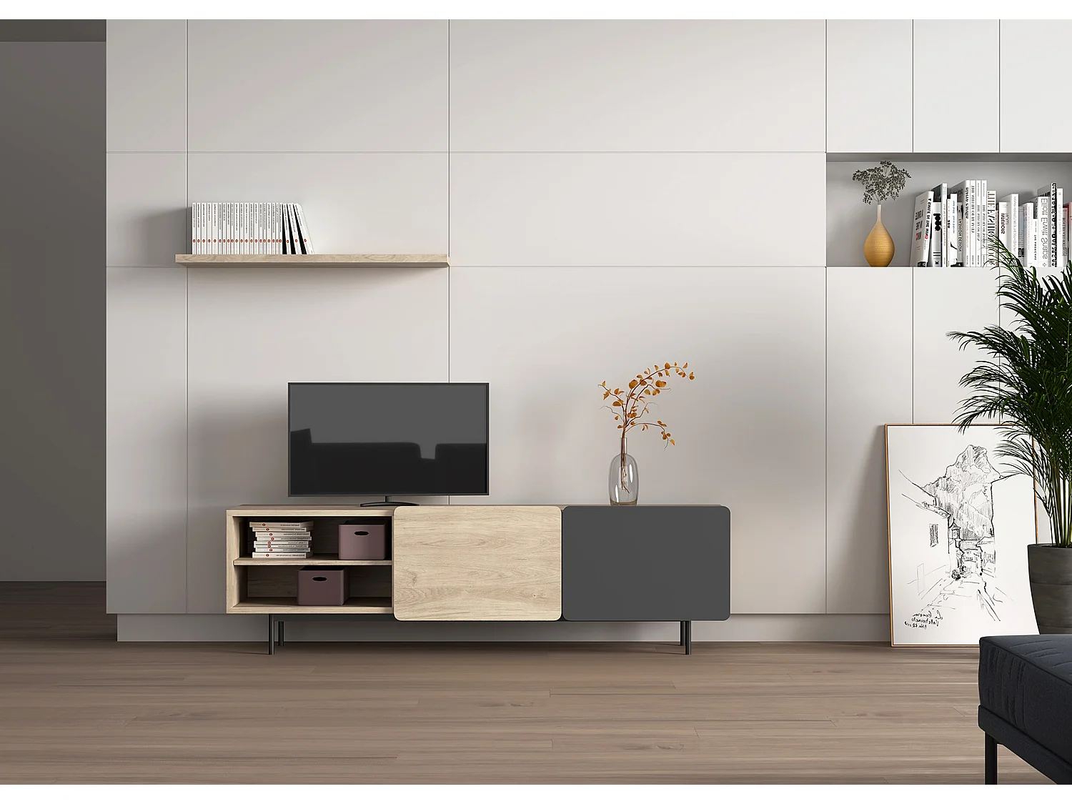 Mueble TV - A54cm x L180cm x F43cm - roble y grafito - Printed