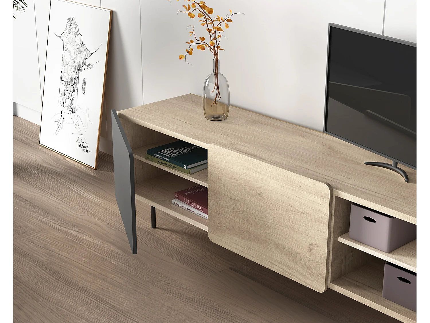 Mueble TV - A54cm x L180cm x F43cm - roble y grafito - Printed