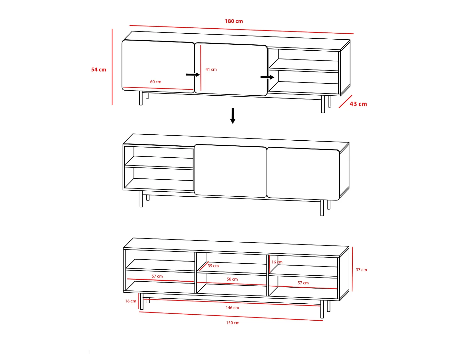 Mueble TV - A54cm x L180cm x F43cm - roble y grafito - Printed