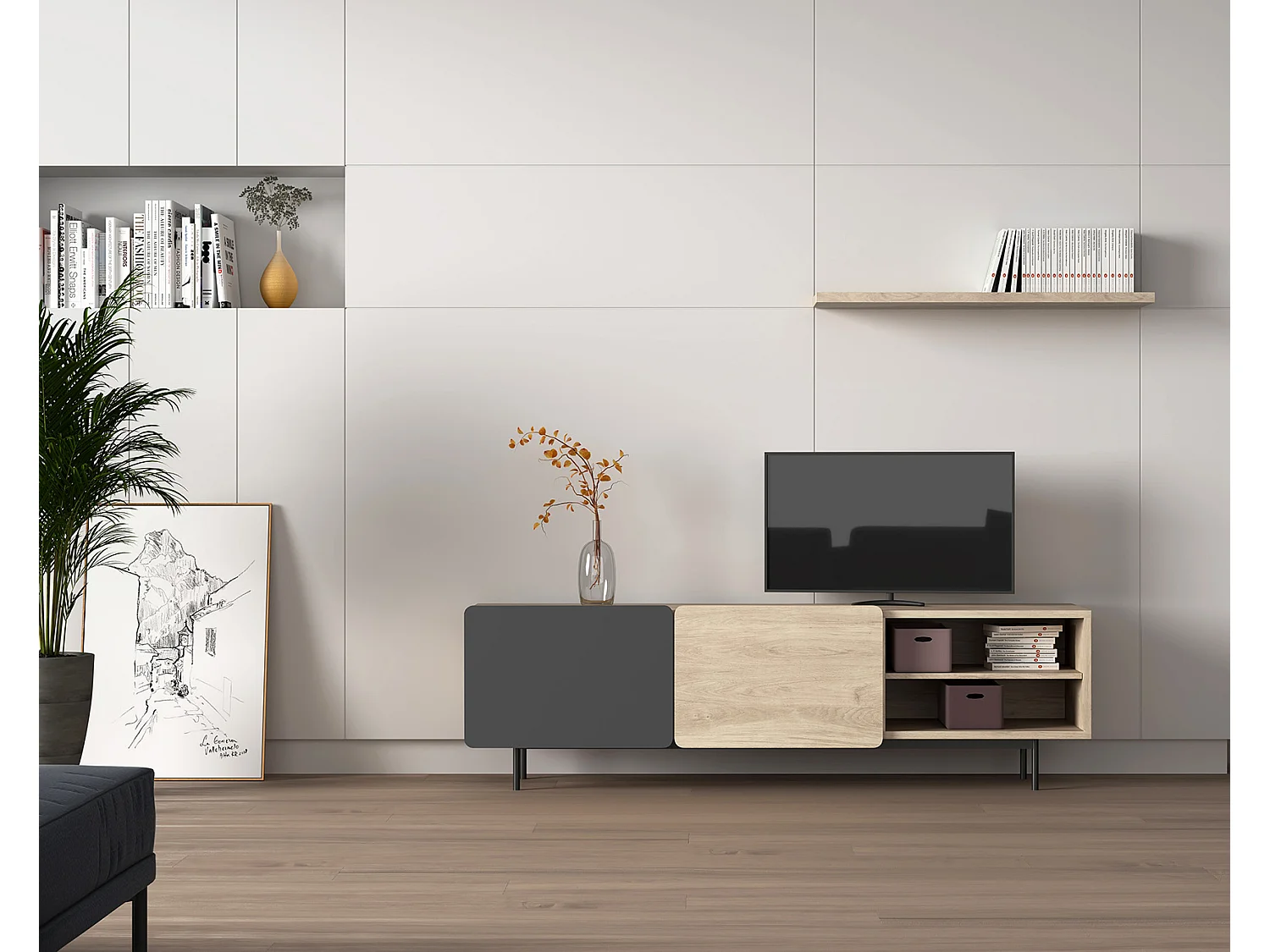 Mueble TV - A54cm x L180cm x F43cm - roble y grafito - Printed