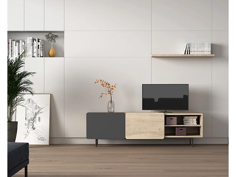 Meuble TV - H54cm x L180cm x L43cm - chêne clair et graphite - Printed