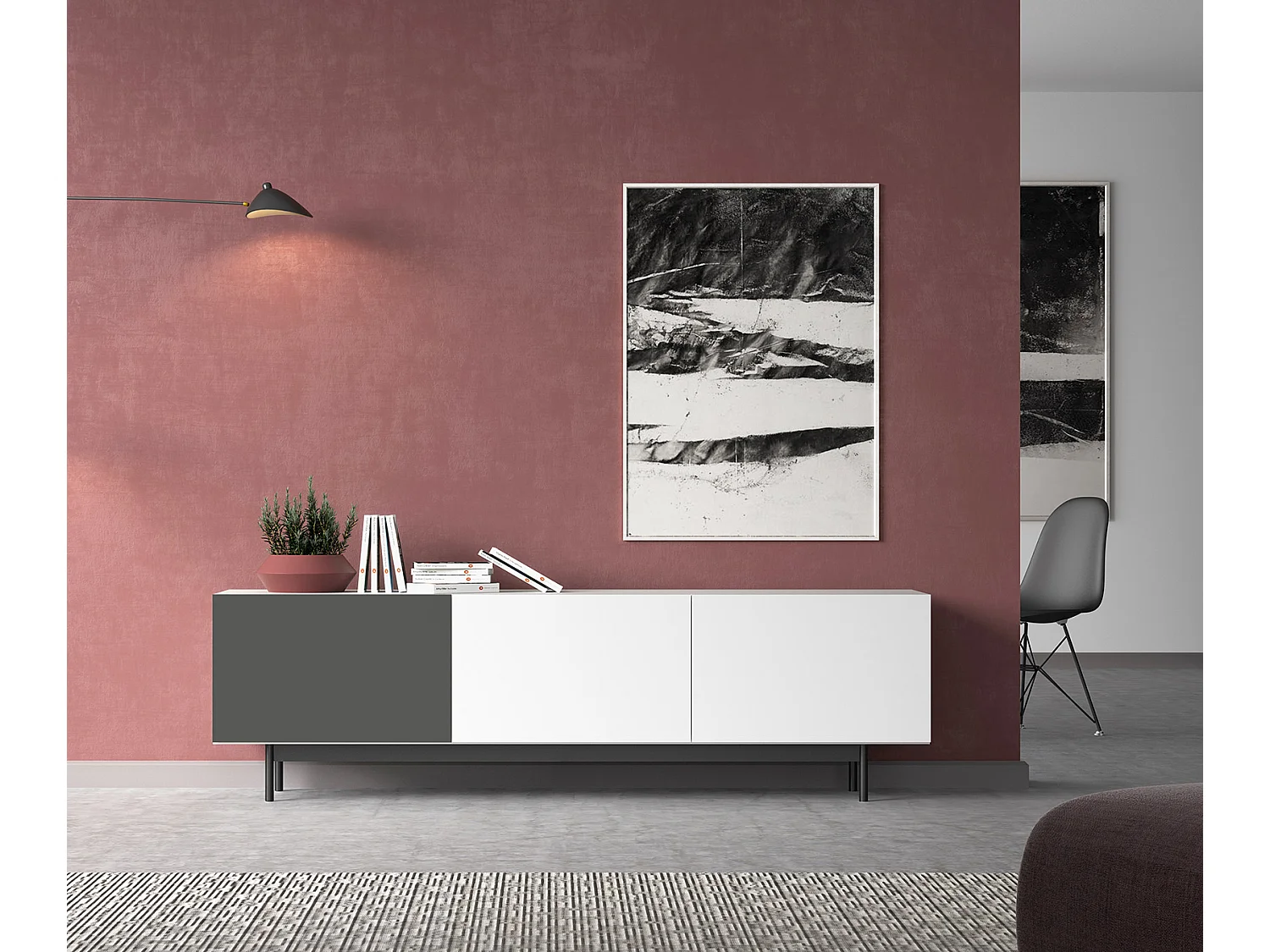 Mueble TV 3 puertas - A52cm x L180cm x F43cm - blanco y grafito - Printed