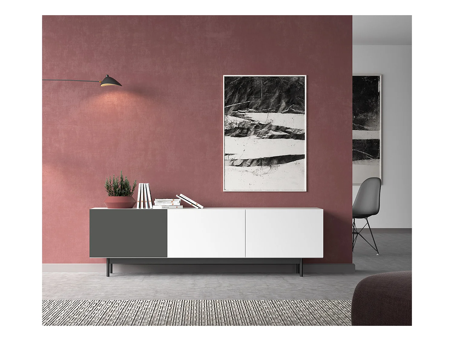 Meuble TV 3 portes - H52cm x L180cm x L43cm - blanc et graphite - Printed