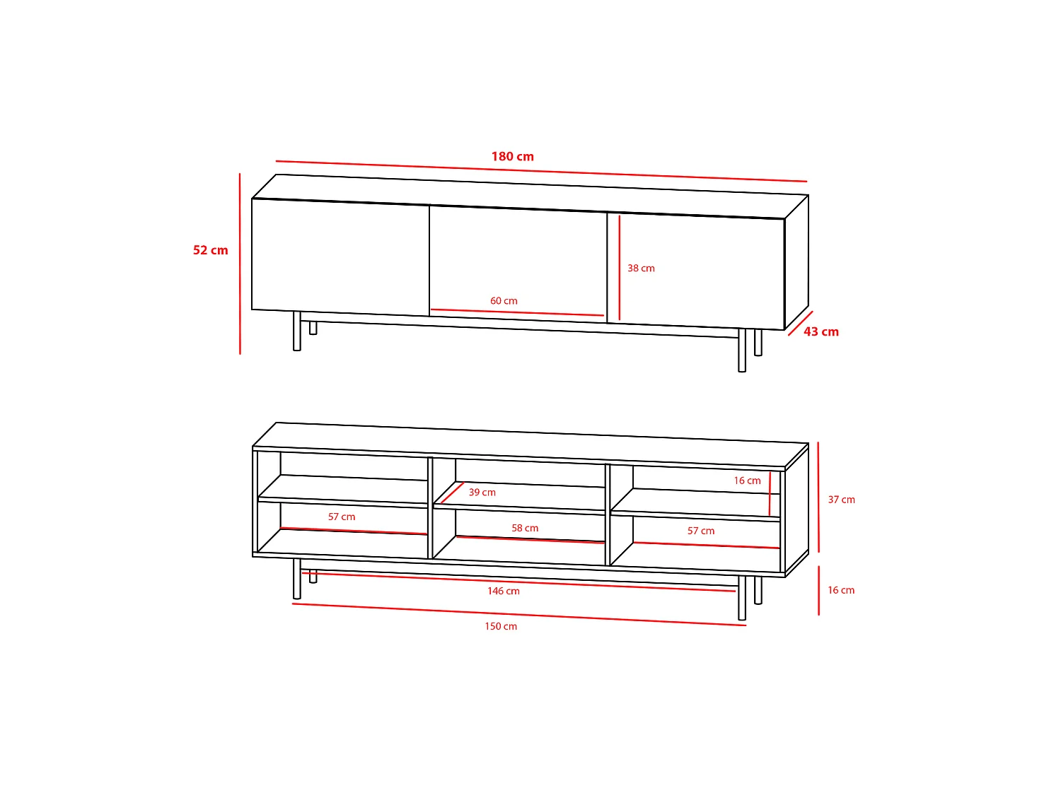 Meuble TV 3 portes - H52cm x L180cm x L43cm - blanc et graphite - Printed