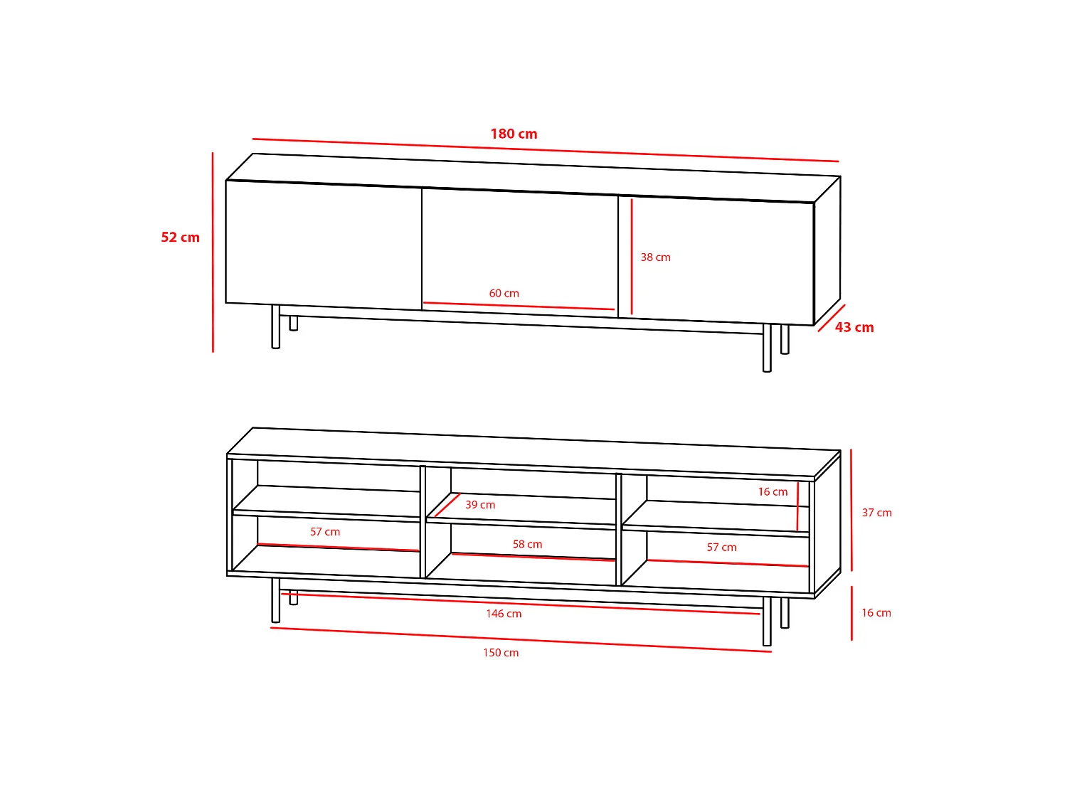 Meuble TV 3 portes - H52cm x L180cm x L43cm - blanc et graphite - Printed