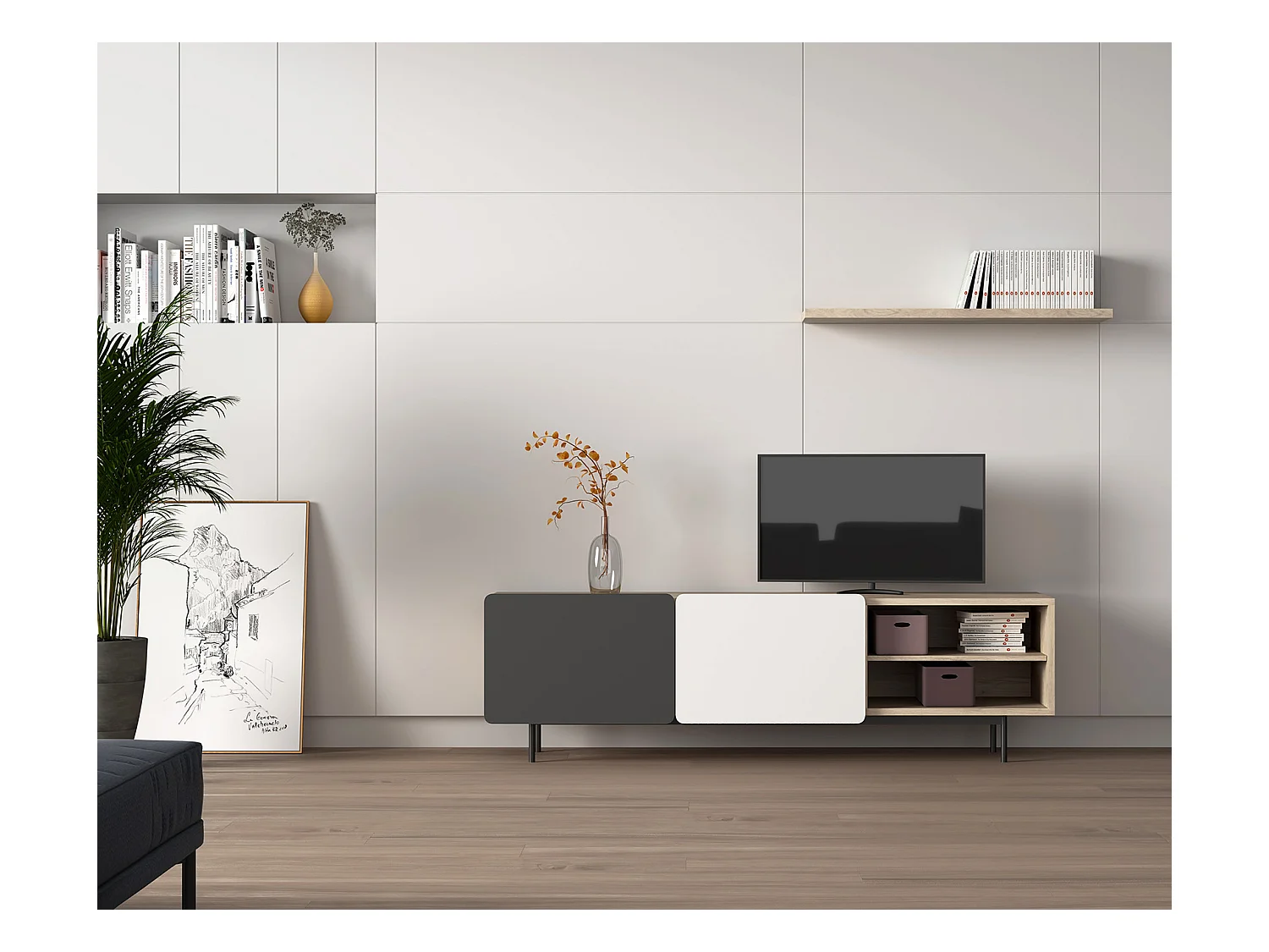 Meuble TV - H54cm x L180cm x L43cm - chêne clair, graphite et blanc - Printed