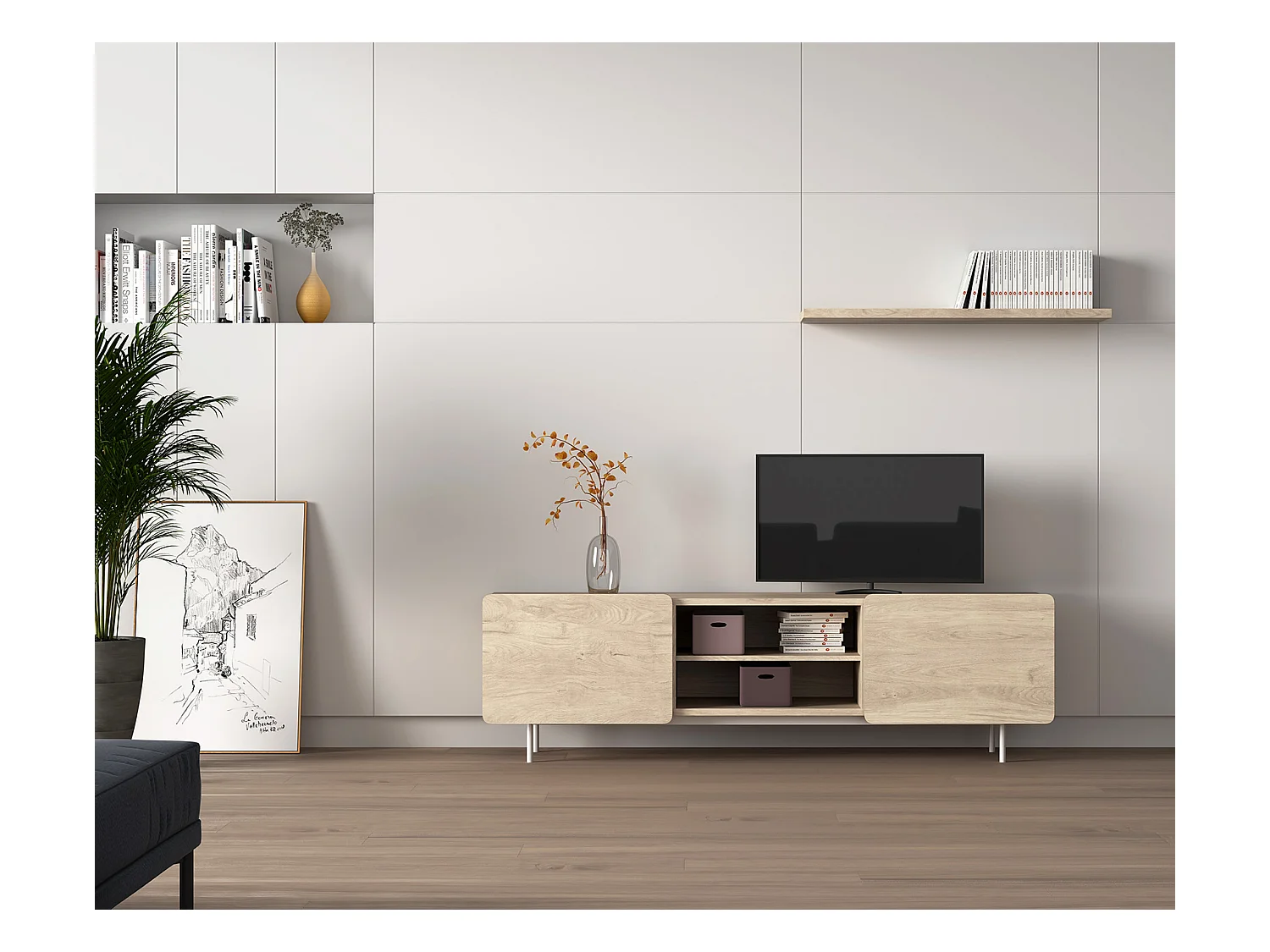 Meuble TV - H54cm x L180cm x L43cm - chêne clair - Printed