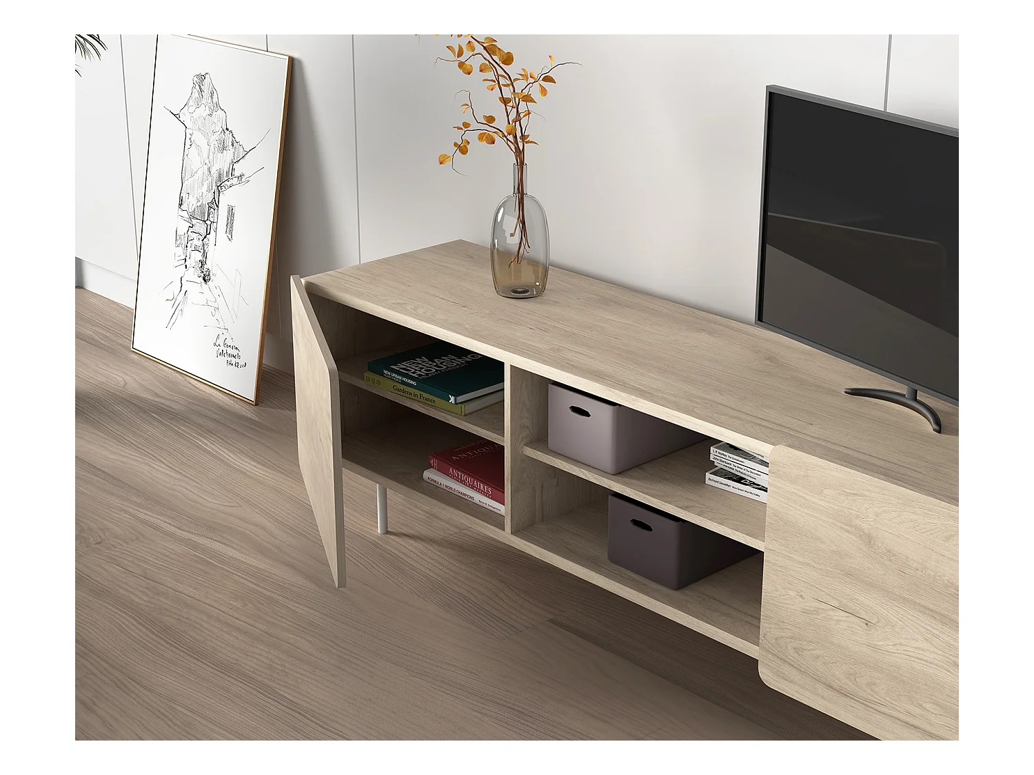 Meuble TV - H54cm x L180cm x L43cm - chêne clair - Printed