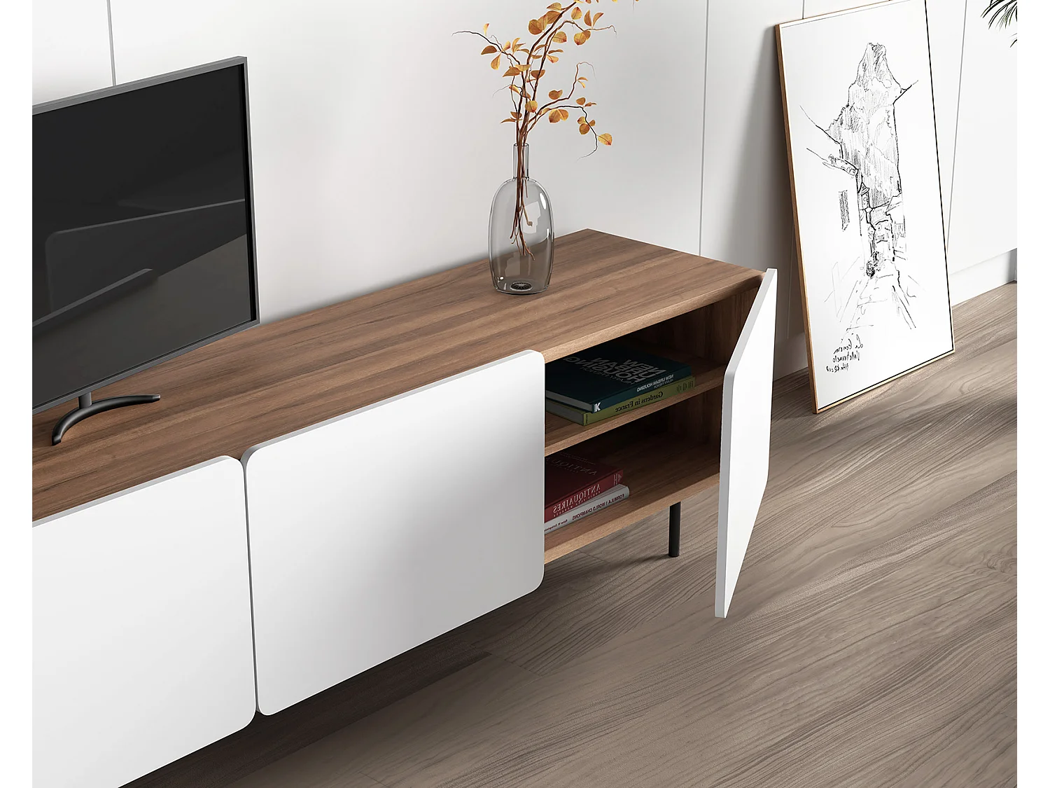 Mueble TV 3 puertas - A54cm x L180cm x F43cm - nogal y blanco - Printed