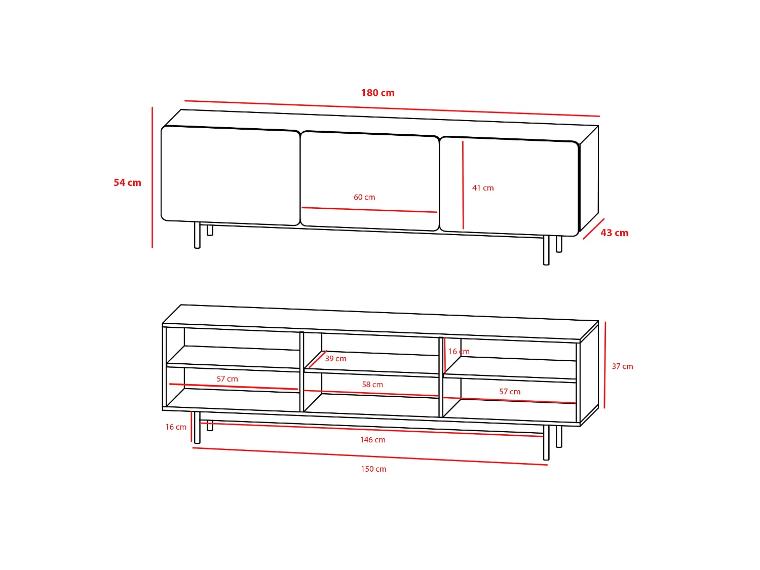 Meuble TV 3 portes - H54cm x L180cm x L43cm - noyer et blanc - Printed