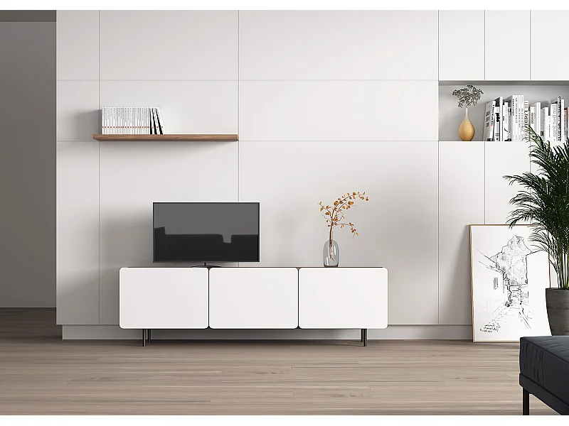 Meuble TV 3 portes - H54cm x L180cm x L43cm - noyer et blanc - Printed