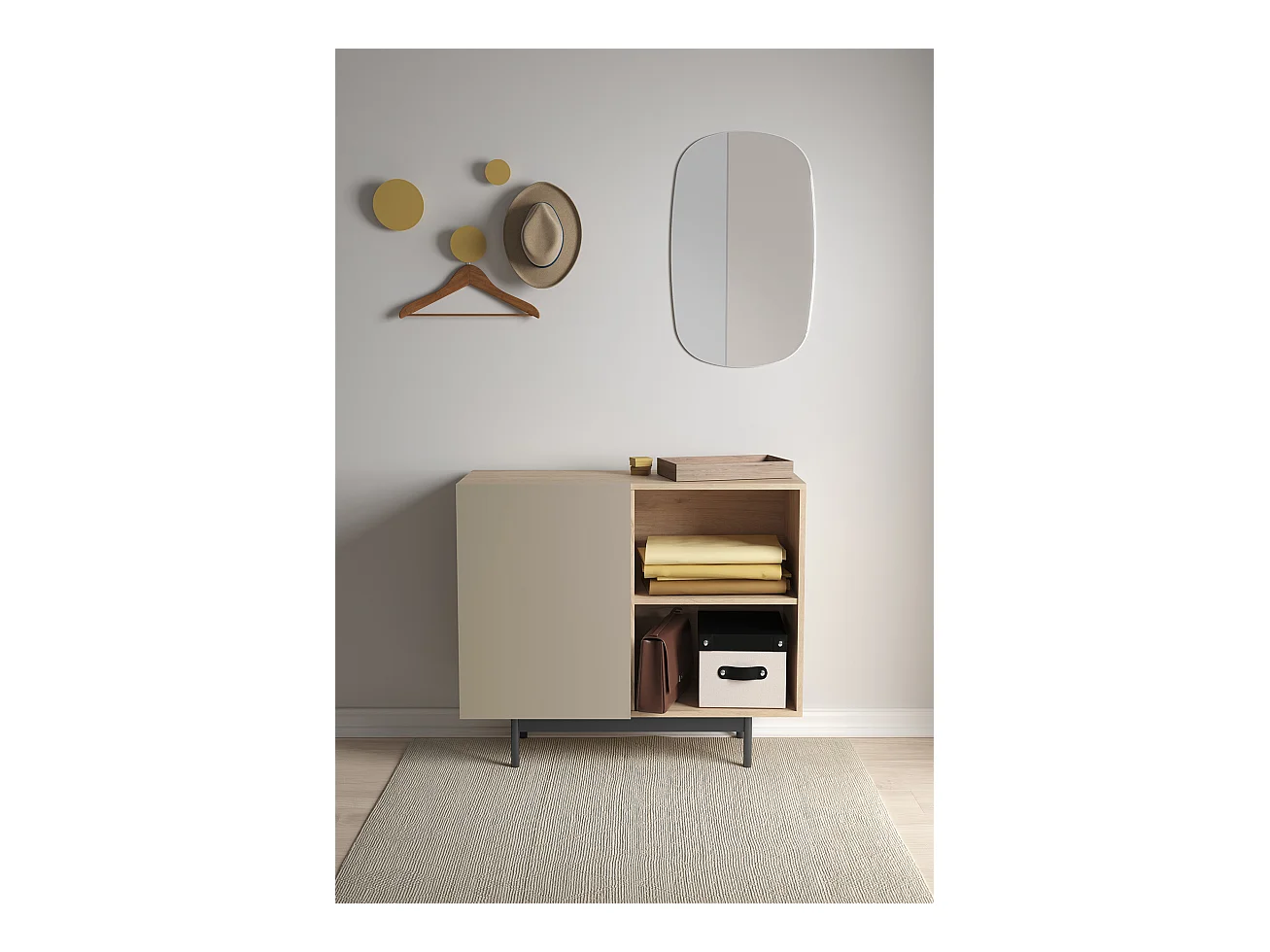 Buffet 1 porte - H78cm x L90cm x L34cm - chêne clair et taupe - Printed