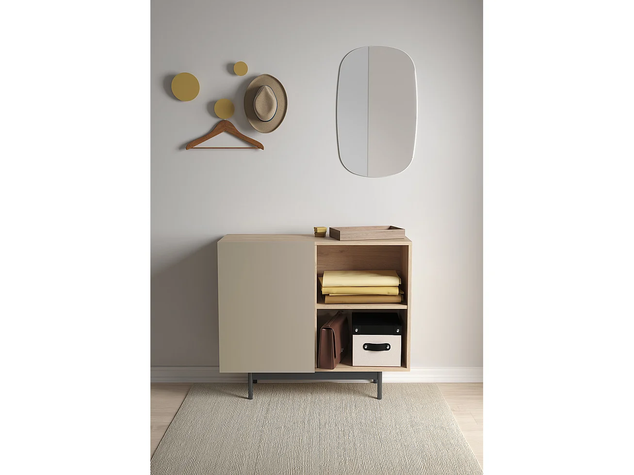 Buffet 1 porte - H78cm x L90cm x L34cm - chêne clair et taupe - Printed