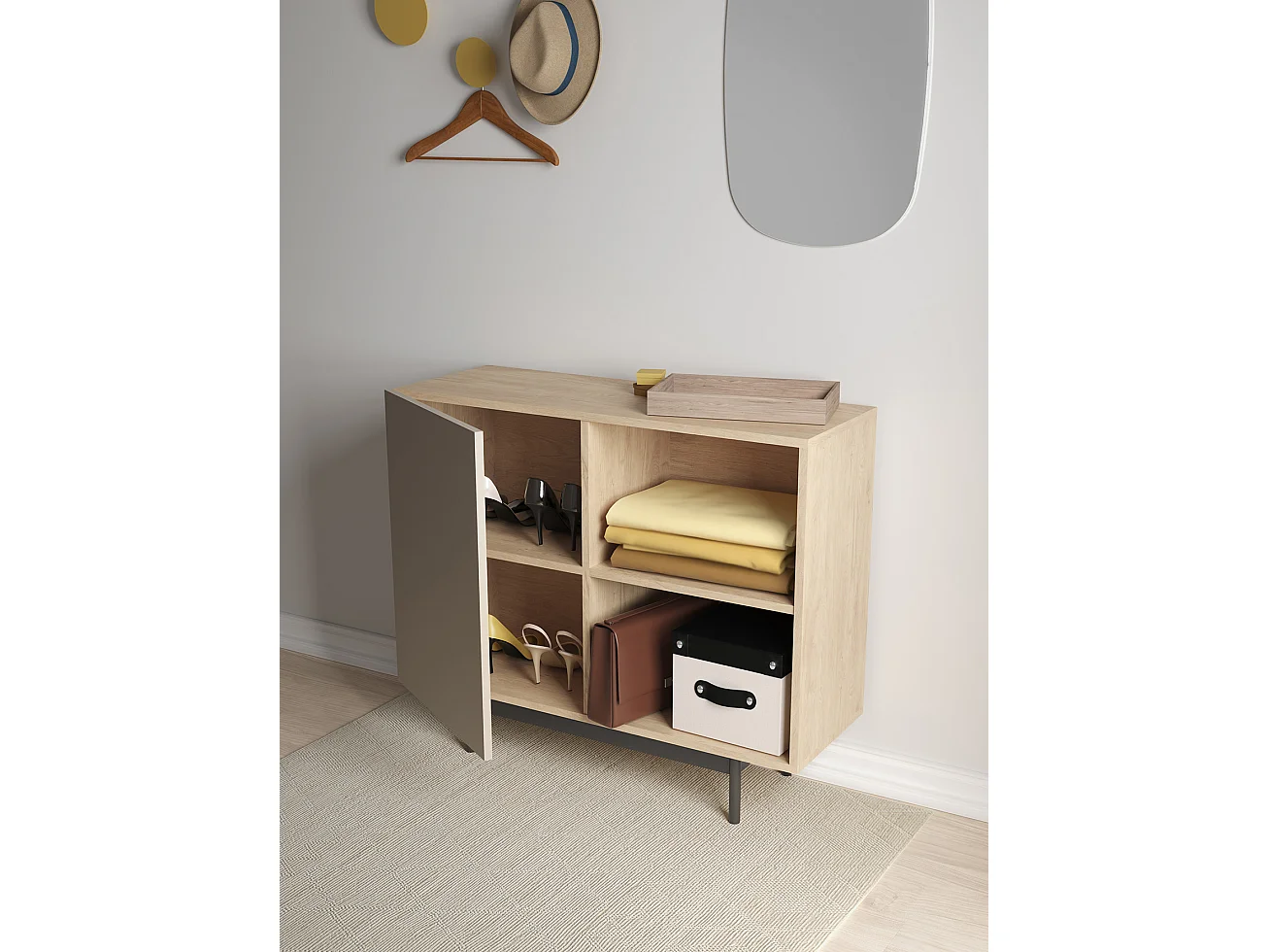 Buffet 1 porte - H78cm x L90cm x L34cm - chêne clair et taupe - Printed