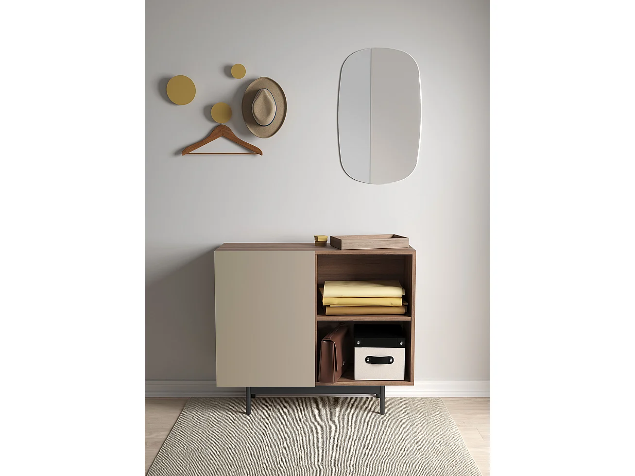 Buffet 1 porte - H78cm x L90cm x L34cm - noyer et taupe - Printed